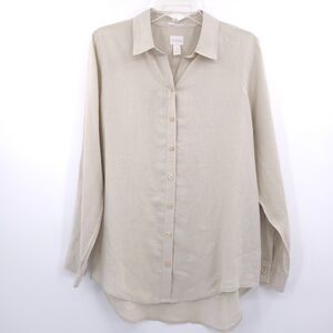Chico's 100% linen button down shirt Size 1 (M) beige non-iron roll tab sleeves